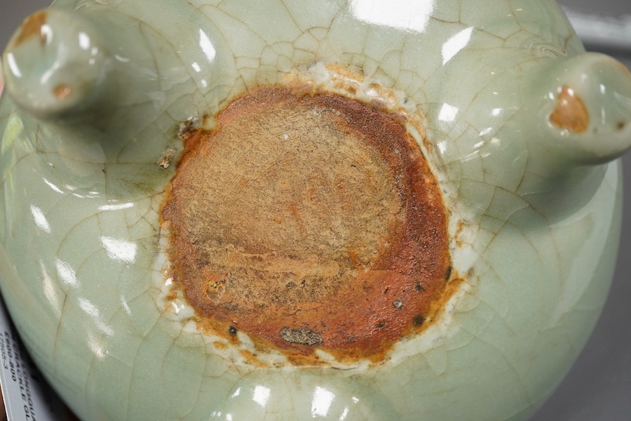 A Chinese Longquan celadon crackle glazed tripod censer, Ming dynasty or later